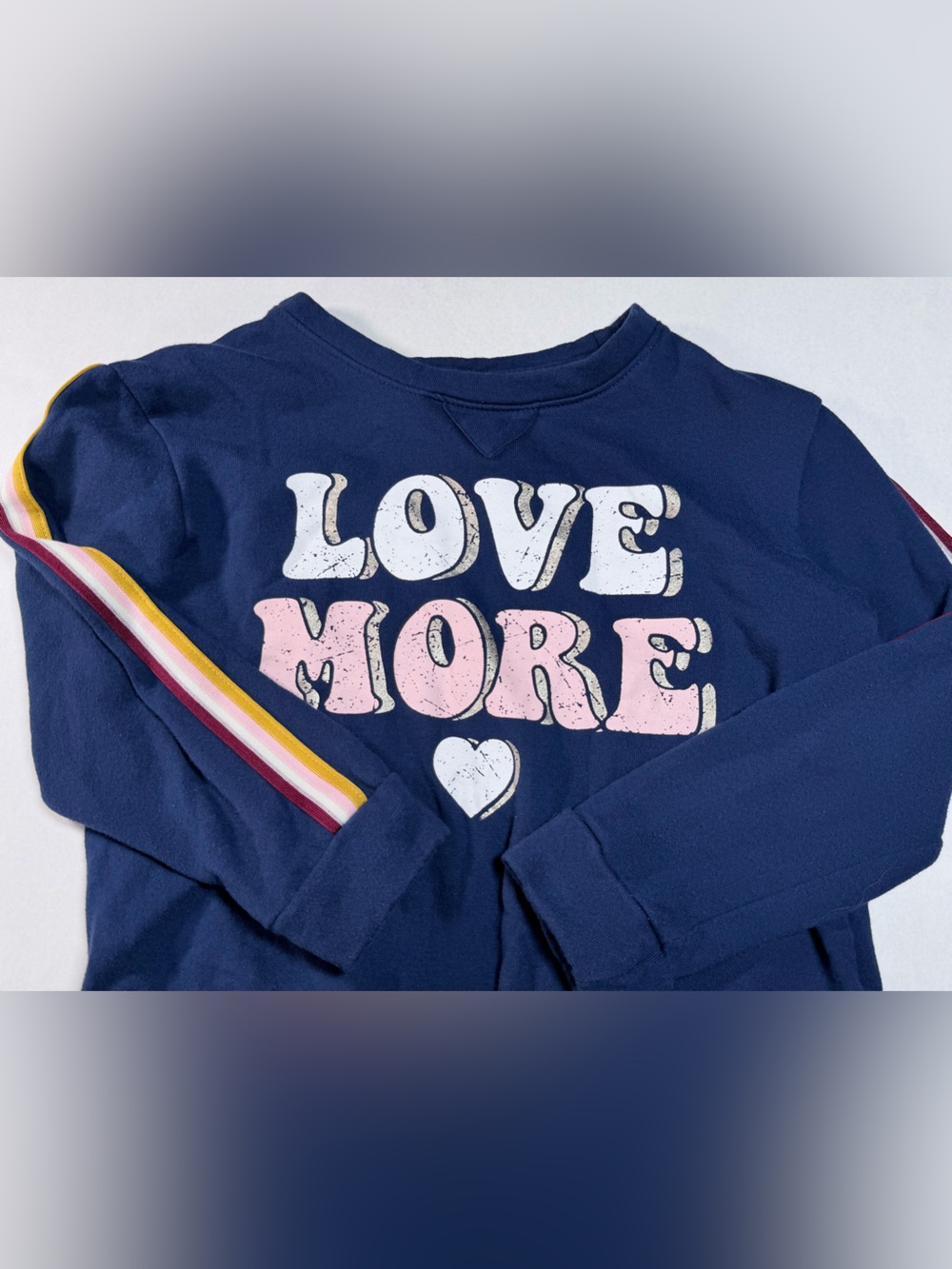 Belk Girls Navy Blue Rainbow Stripe Love More Graphic Fleece Sweatshirt Size M 7